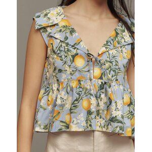 Anthropologie Maeve Babydoll Blouse Blue Pattern Lemon XL